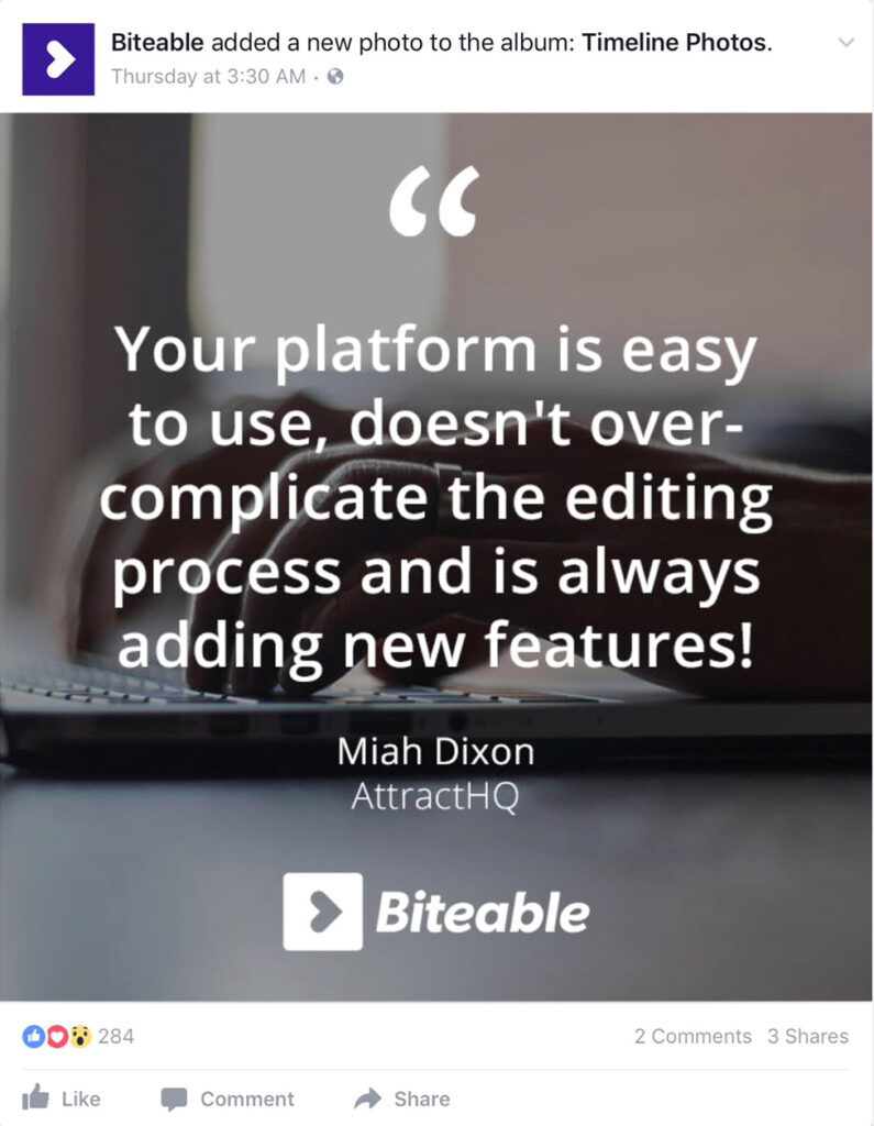 A social media post featuring a Biteable video maker quote on a blurred background with a hand typing on a laptop, with likes and shares visible below.