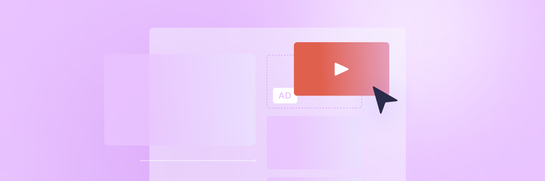 What is programmatic video advertising Graphic showing a cursor arrow clicking on a Biteable video maker play button with an "ad" icon, on a purple gradient background.