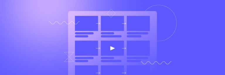 Illustration of a stylized Biteable video maker interface with rectangular grid sections containing symbols like a play button, set against a gradient blue background.