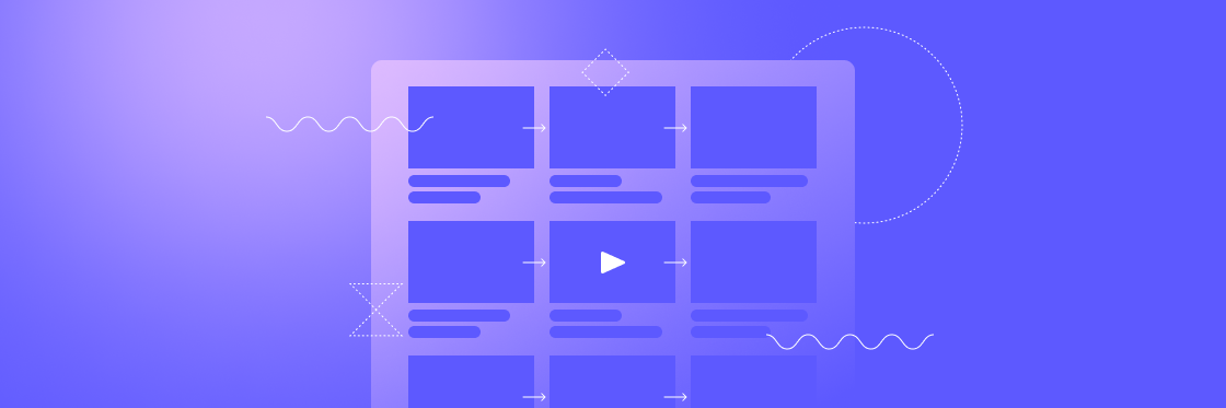 Illustration of a stylized Biteable video maker interface with rectangular grid sections containing symbols like a play button, set against a gradient blue background.