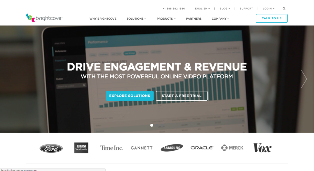 A laptop screen displaying the homepage of brightcove, an online video platform website.