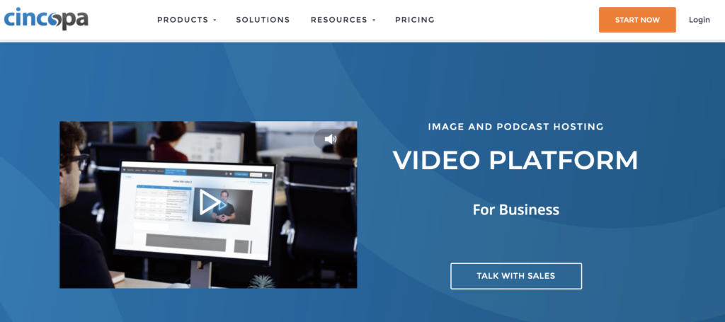 Professionals working at computers in an office environment, with a graphic overlay promoting a video platform for business.