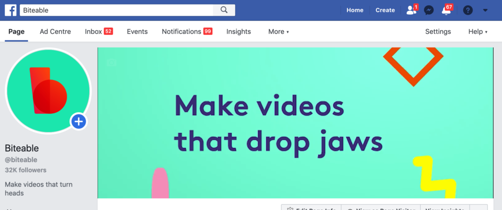 Webpage header for biteable, an online video maker, with the tagline "make videos that drop jaws.