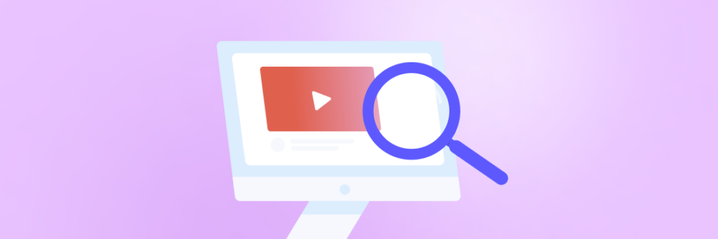 Illustration of a computer monitor displaying a Biteable video maker with a play button, magnifying glass overlaid on the screen, all against a purple background.