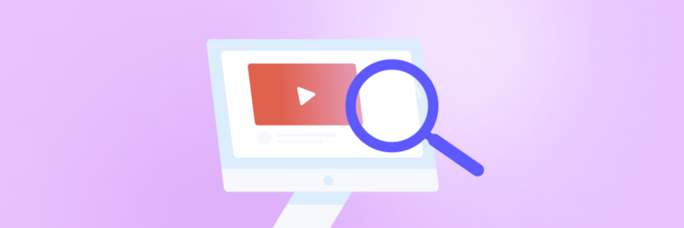 Illustration of a computer monitor displaying a Biteable video maker with a play button, magnifying glass overlaid on the screen, all against a purple background.