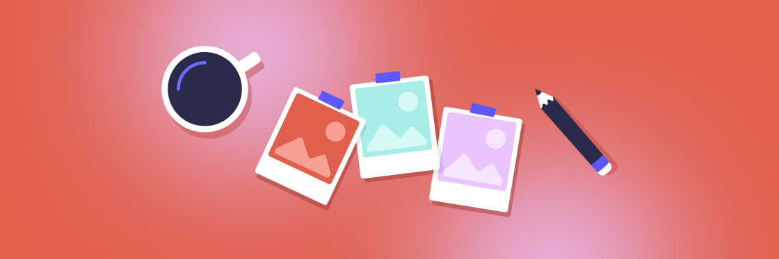 The 34 best sites for free images and pictures A stylized illustration of a desk with scattered polaroid photos, a cup of coffee, and a pencil, showcasing some of the best sites for free images.