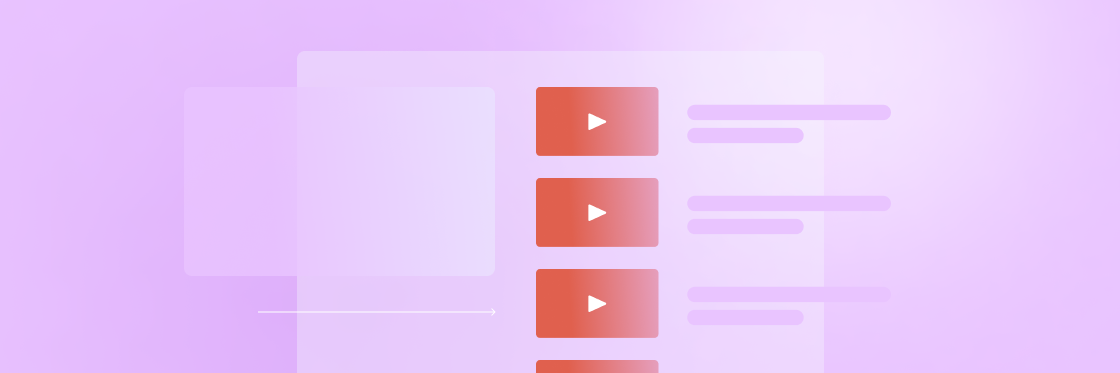 How to make a YouTube playlist A digital illustration of a user interface with Biteable video content thumbnails and text placeholders on a purple background.
