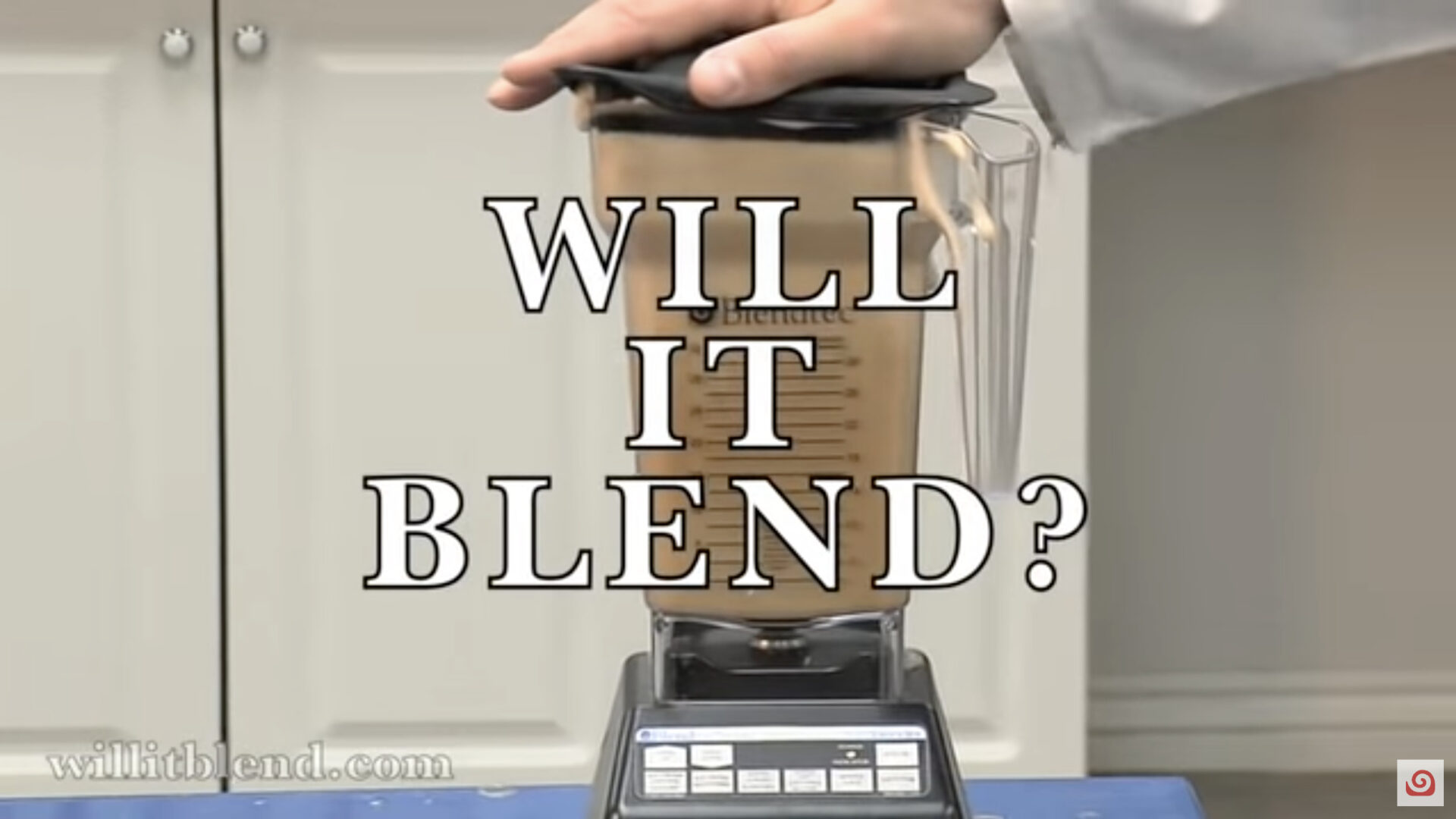 A blender with a jar filled with an unidentifiable brown substance, featuring the overlay text "will it blend?" and the website "willitblend.com" in view, produced using Biteable video