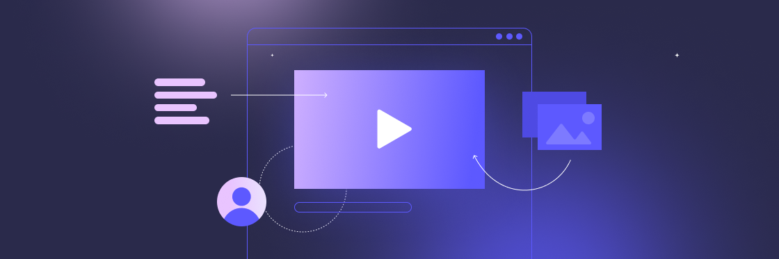 Digital illustration of a stylized media player interface on a computer screen with play button and additional multimedia icons, featuring Biteable video maker.