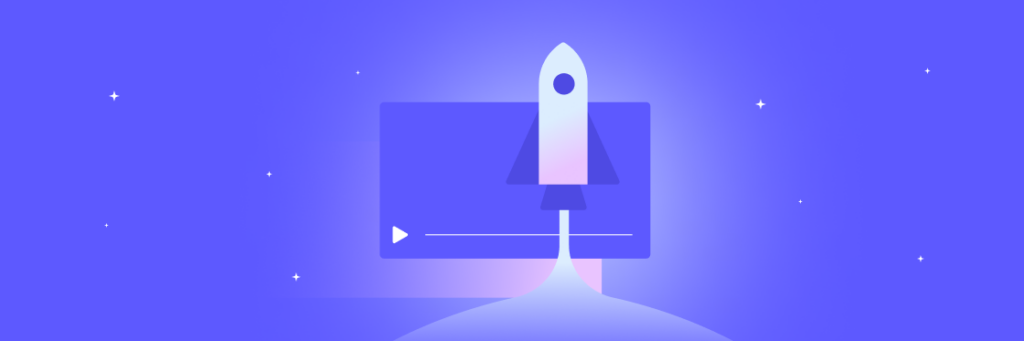 A digital illustration of a rocket launching from a computer monitor against a starry sky, symbolizing startup or technology launch.
