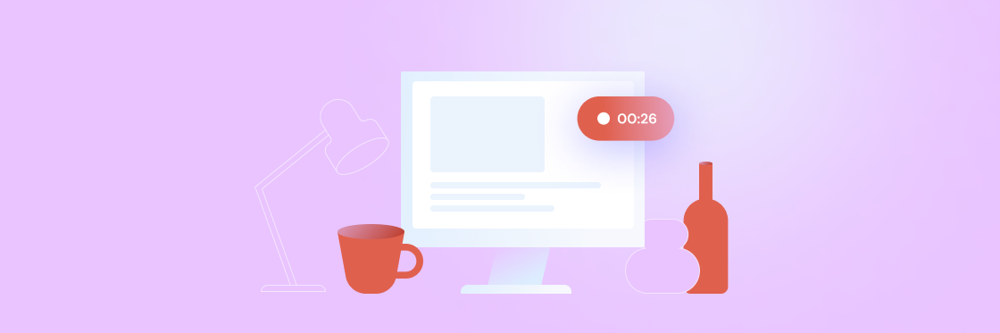The best screen recorders How to record your computer screen A minimalist workstation with a computer displaying a timer, accompanied by a coffee cup, a desk lamp, and decorative items against a purple background.