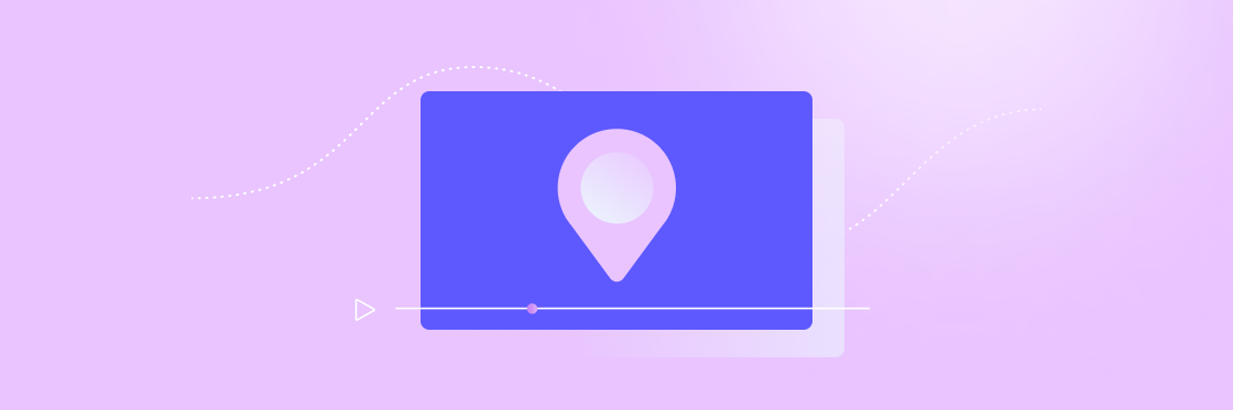 A digital graphic of a location pin icon on a blue laptop screen against a purple background with Biteable video maker decorative lines.