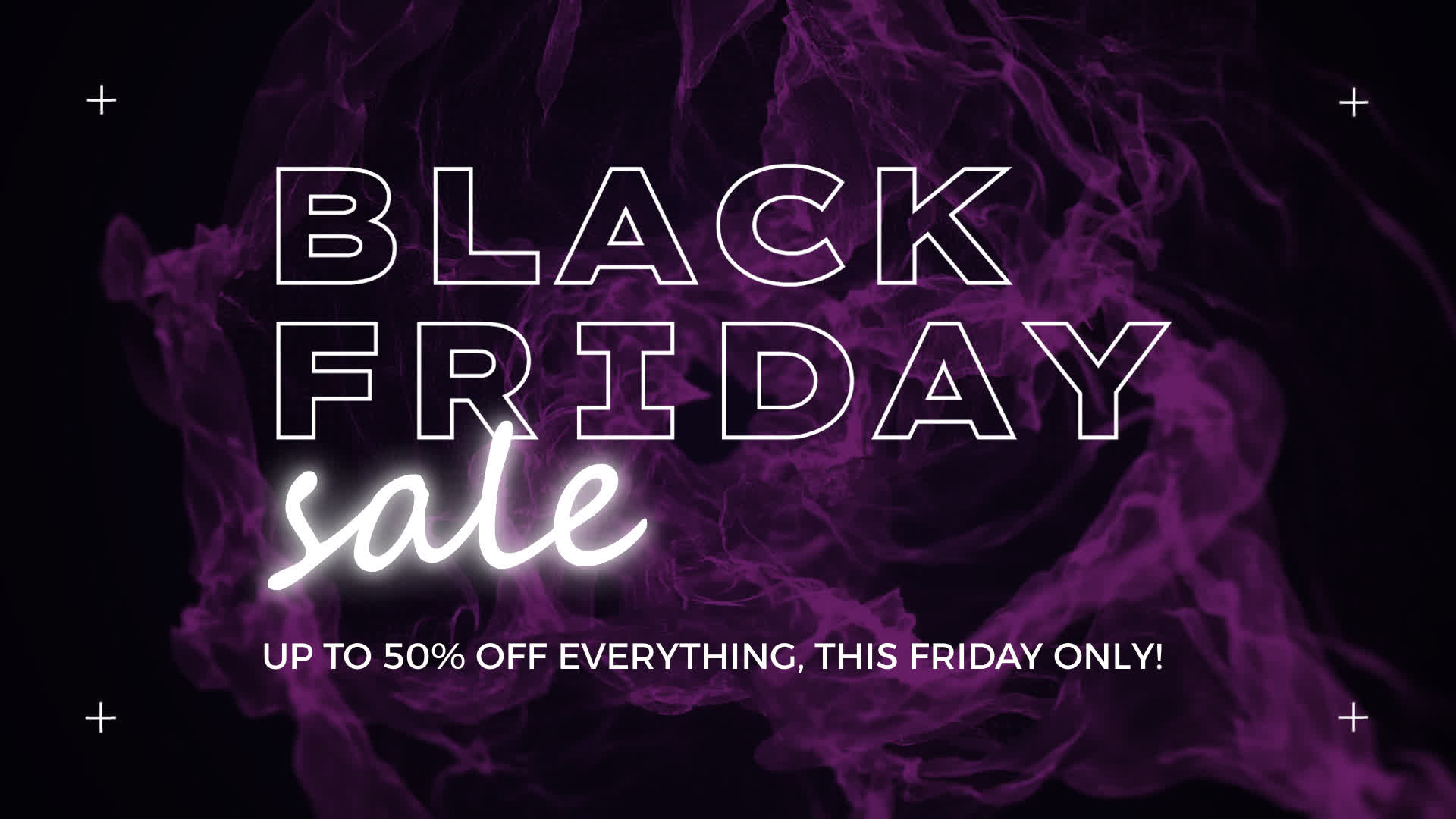Black Friday sale advertisement with up to 50% off, featuring bold white text over a swirling purple smoke background.