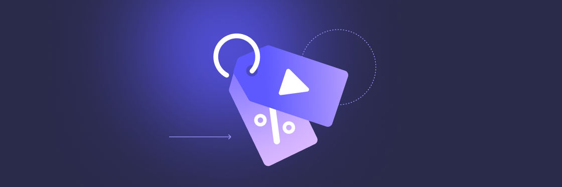 The best Black Friday ads ever A stylized graphic of a purple tag with a white Biteable video maker icon, surrounded by a circular arrow, against a dark blue gradient background.