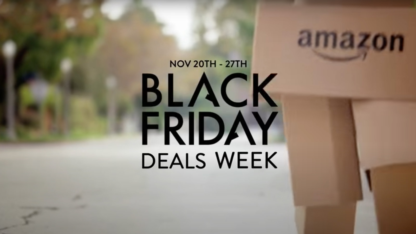 A promotional image for Amazon's Black Friday Deals Week, featuring a Biteable video maker animation of stacked cardboard boxes with the event dates "Nov 20th - 27th" displayed.