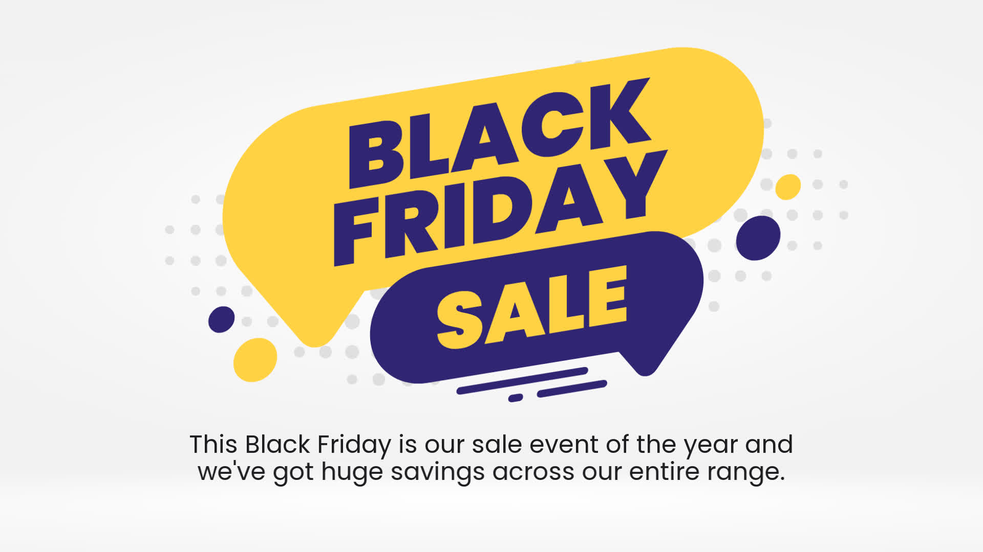 Graphic banner for a Black Friday sale with large, bold text on a stylized yellow and blue speech bubble background, and additional descriptive text below.