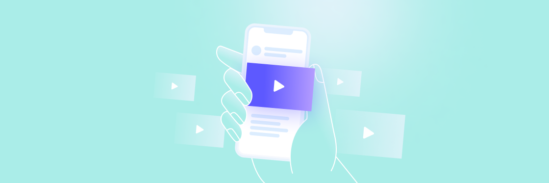 Hand holding a smartphone with a video play button on the screen, indicating digital video content or streaming.
