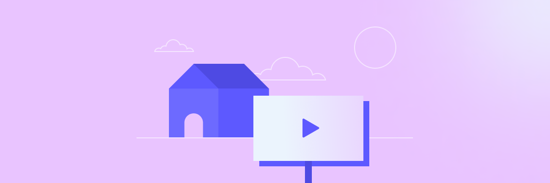 How Real Estate Australia boosted awareness for their company into triple digits Vector illustration of a stylized blue house with a play button signpost on a purple background with clouds.