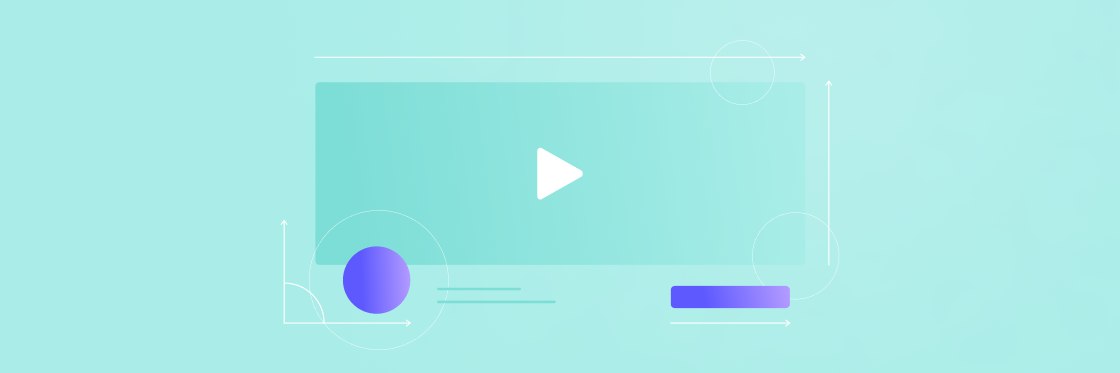 Facebook Cover Video Guide Illustration of a Biteable video player interface with a large play button in the center on a light teal background, surrounded by abstract geometric shapes.