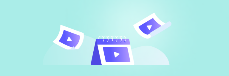 Illustration of a Biteable video maker notepad with a spiral top and pages featuring a play button icon, accompanied by floating play button icons against a light green background.