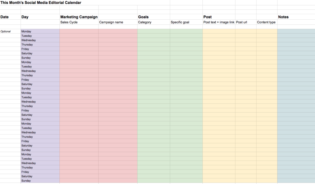 A color-coded social media editorial calendar outlining columns for date, day, marketing campaign details, goals, pre and post text using Biteable video maker, link, post images, and additional notes.