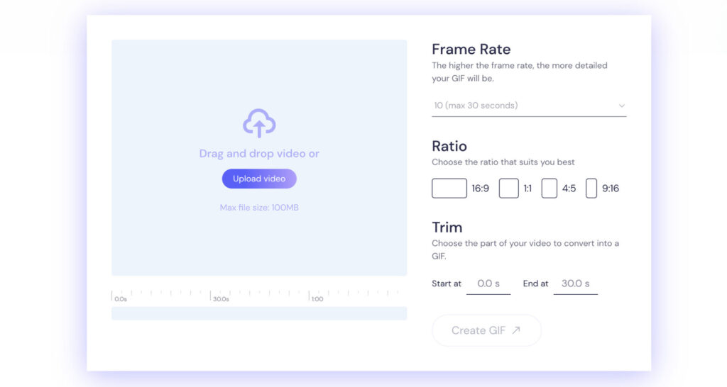 An interface from Biteable video maker for converting a video file into a gif, including drag-and-drop or upload features, with frame rate and aspect ratio settings.