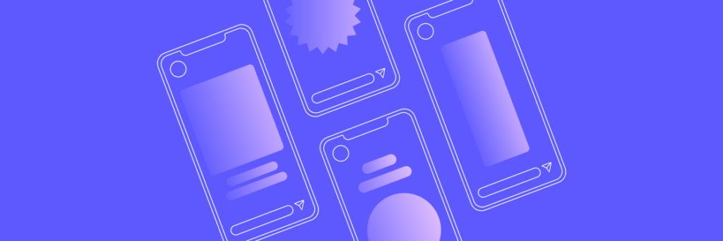 Four stylized smartphones with various notification icons on a blue background designed with Biteable video maker.