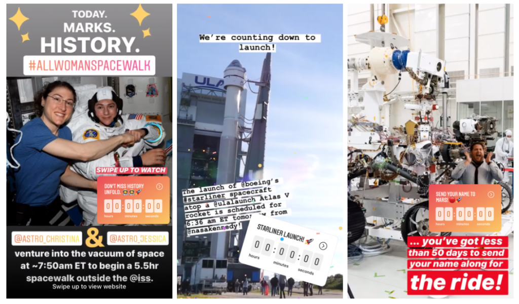 Collage of three images celebrating significant events in space exploration: a historic all-women spacewalk, a countdown to a spacecraft launch, and a call for sending names on an upcoming space mission.