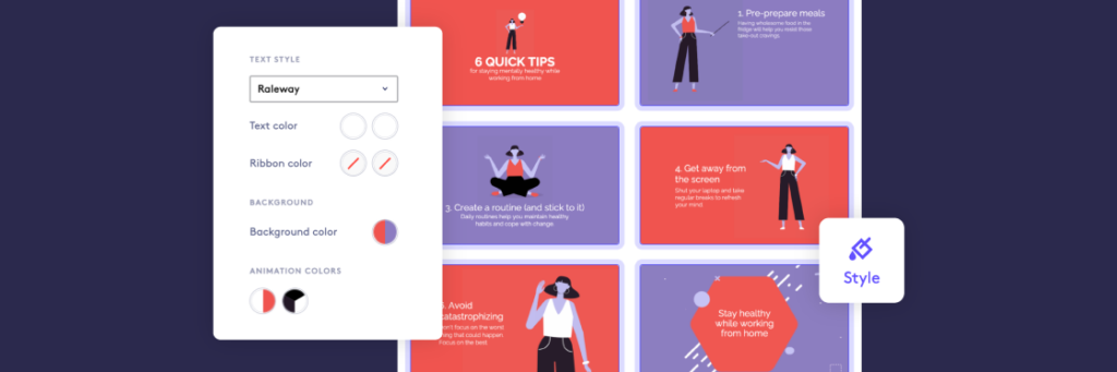 Biteable video maker interface showcasing various style options and tips for creating visual content.