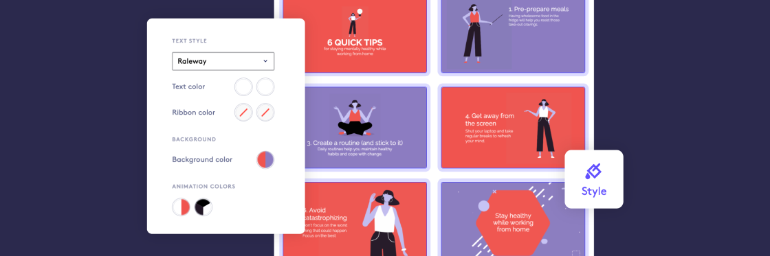 Biteable video maker interface showcasing various style options and tips for creating visual content.