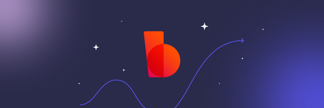 Biteable raises $7M to grow team and help everyone make better videos A stylized red lowercase 'b' against a dark blue gradient background with abstract white star and line embellishments, created using Biteable video maker.