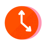 Circular red icon with a white diagonal arrow pointing up and to the right on a dotted background, possibly indicating growth or increase.