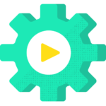 A teal gear-shaped icon with a yellow play symbol in the center.