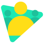Abstract geometric logo with overlapping shapes in yellow, green, and blue.