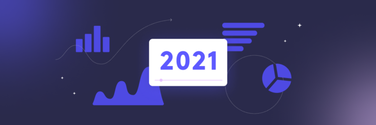 Digital illustration of 2021 analytics, featuring graphs and data visualization icons on a purple background.