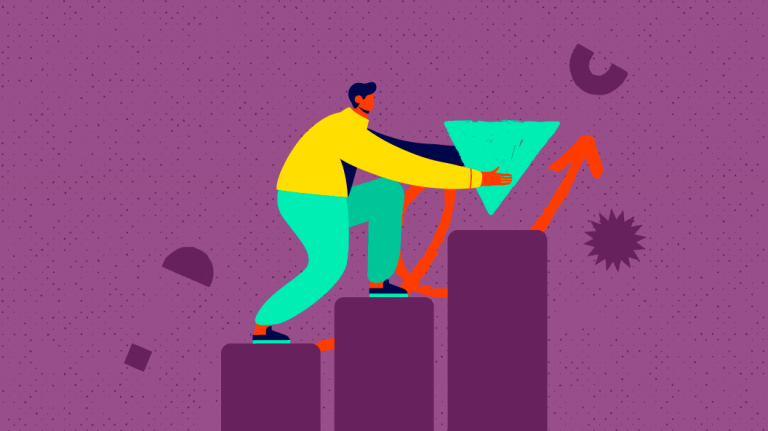 A stylized illustration of a person arranging geometric shapes on a bar graph, suggesting the concept of data analysis or organization.