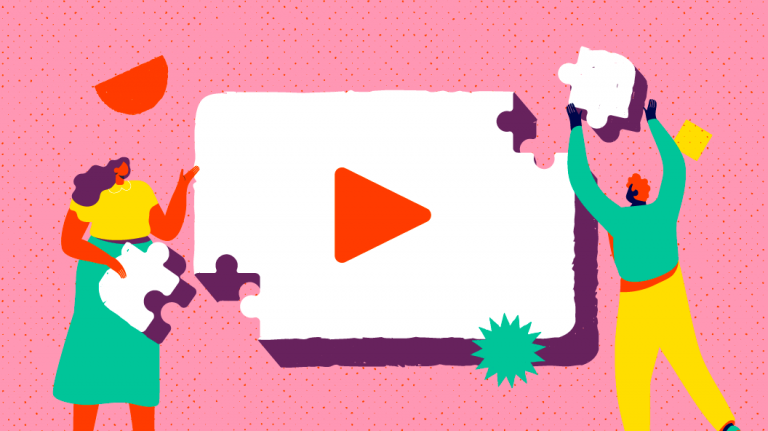 Two animated characters assembling a puzzle that forms a play button symbol.