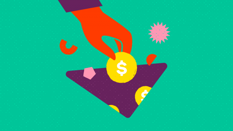 A hand placing a coin into a wallet with geometric shapes and sparkles around it on a green background.