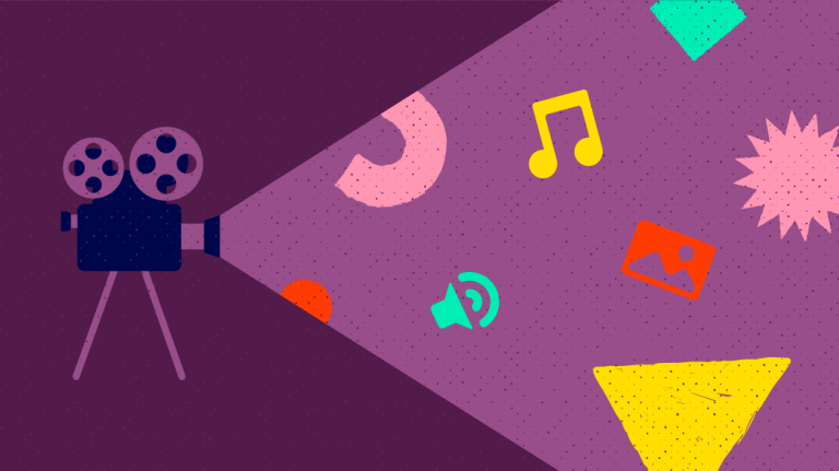 Vintage movie projector casting a beam filled with various entertainment-related symbols on a purple background.