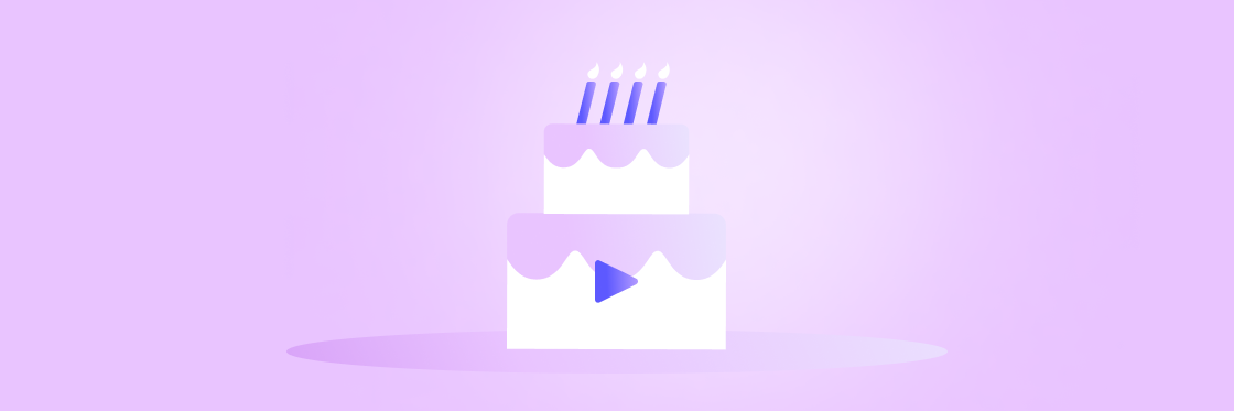 22 easy birthday video ideas A two-tiered birthday cake with five candles, featuring a play button design, set against a purple background.