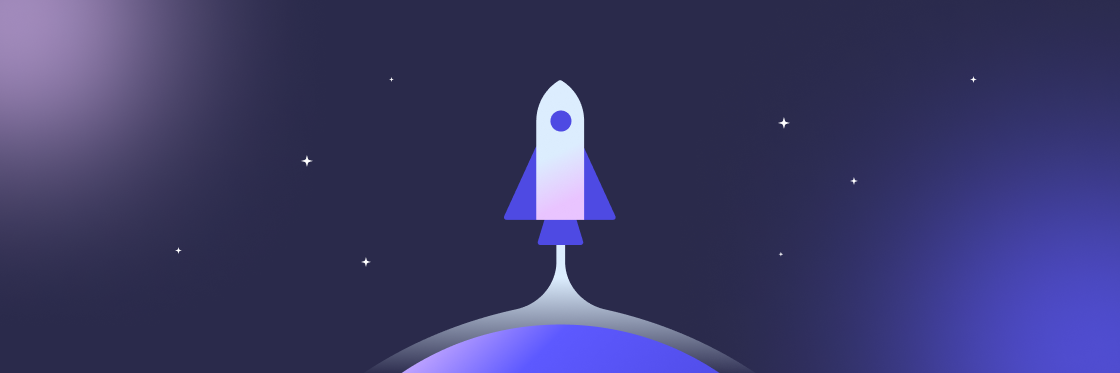 A stylized illustration of a rocket on a planetary surface against a starry sky, designed with Biteable video maker.