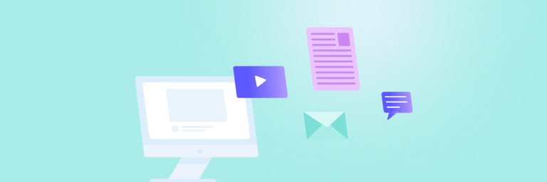 Digital content creation and communication concept with icons representing Biteable video maker, written content, email, and messaging.