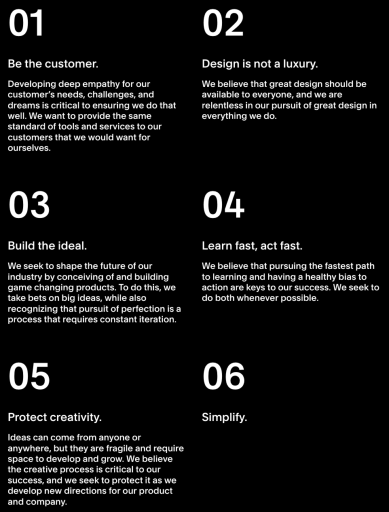 An image displaying six numbered statements, each representing different company values such as customer-centricity, design quality, innovation, fast learning, creativity, and simplicity.
