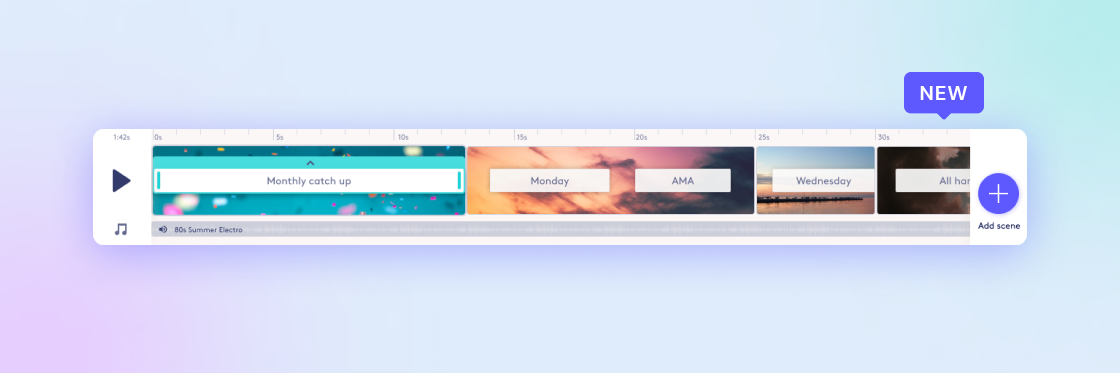 User interface of a Biteable video maker scheduling application with tabs for monthly catch-up, Monday, AMA, and Wednesday displayed on a gradient background.