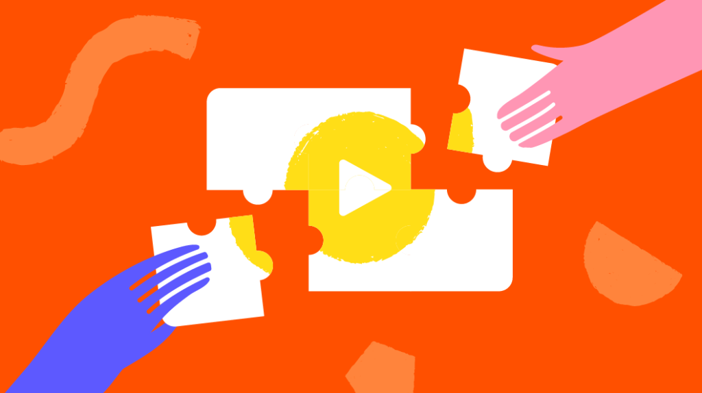 Three hands assembling puzzle pieces to form a play button icon.