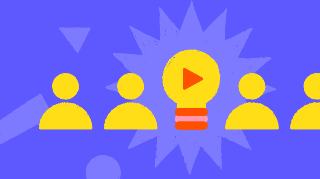 A stylized graphic of a central play button symbol surrounded by abstract human figures, representing sharing or broadcasting content to an audience.