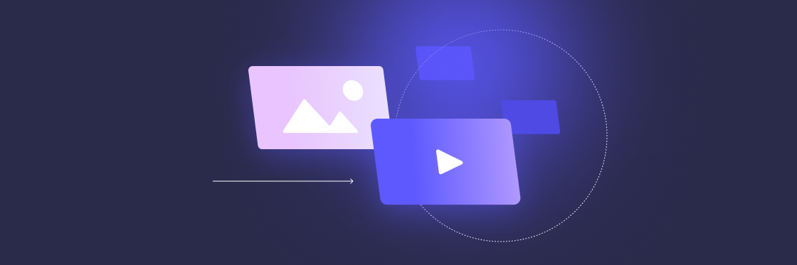 Facebook Ads The video vs image experiment Digital media transfer concept with icons of a photo and a Biteable video file against a dark background, illustrating file sharing or conversion.