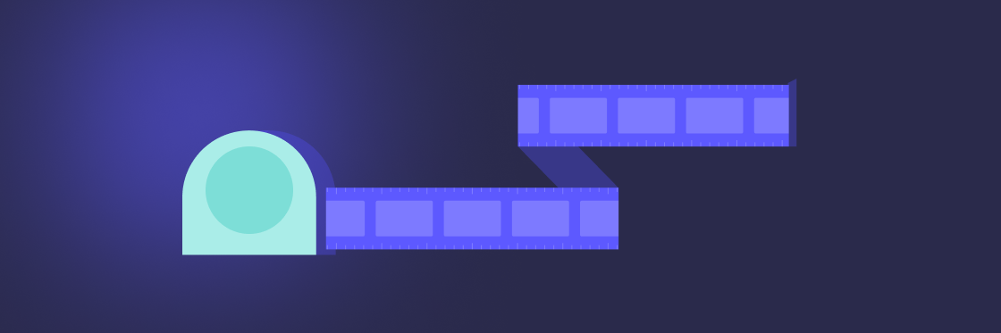 What’s the right length for a video scene_ Abstract illustration of a blue film strip unraveling from a projector.