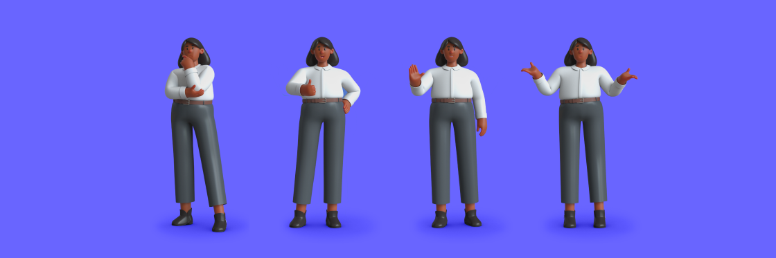 Take your videos to a new dimension with 3D Cindi Four identical 3d animated models of a woman in various poses against a blue background, created with Biteable video maker.