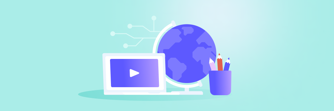 Online learning trends An illustration of online learning tools including a laptop with a play button on screen, a globe signifying international connectivity, and a cup of pencils.